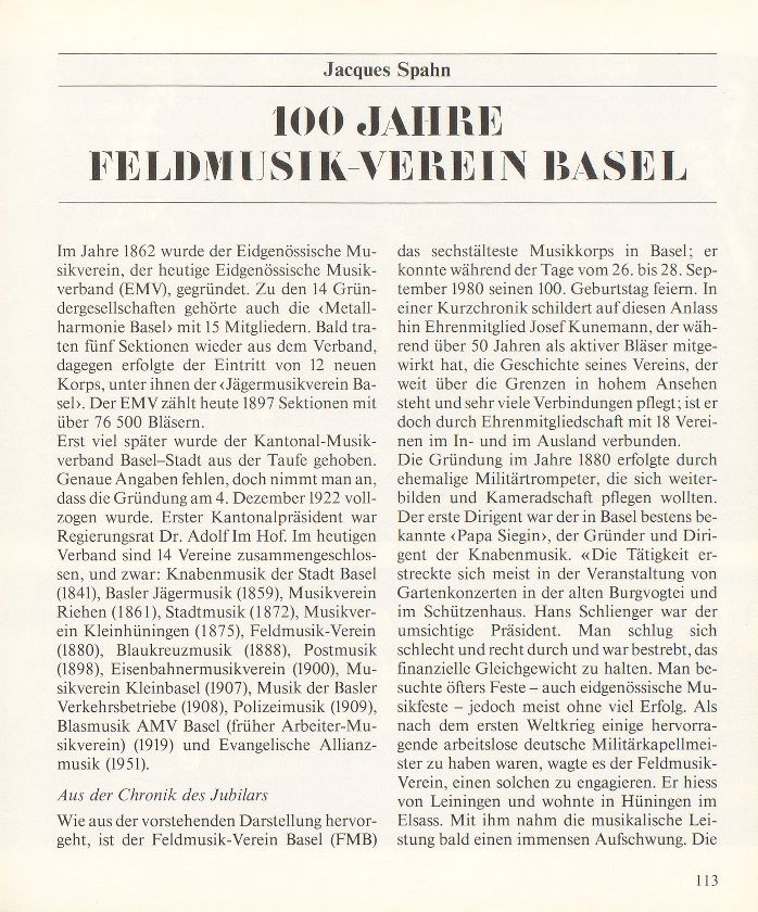 100 Jahre Feldmusik-Verein Basel – Seite 1